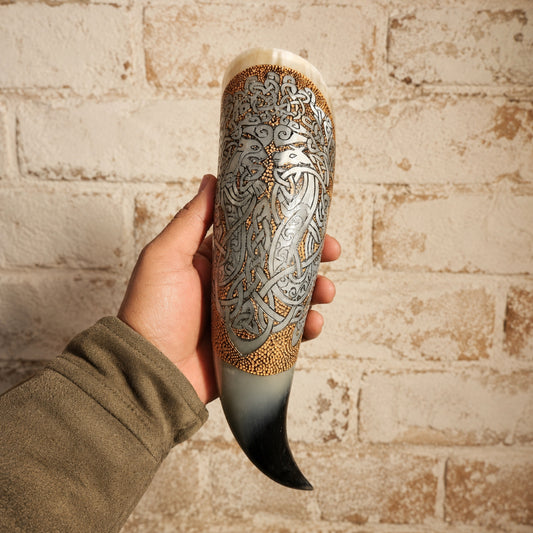 Authentic Viking Wolf Horn  – Hand-Engraved Celtic Knot Design
