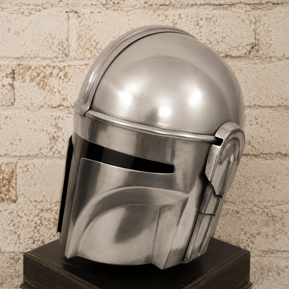 Mandalorian-Inspired Metal Helmet Replica with Wooden Display Stand