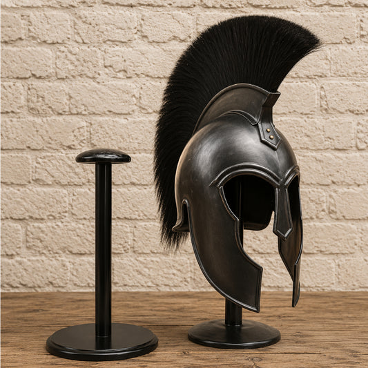 Medieval Achilles Troy Black Helmet with Wooden Display Stand