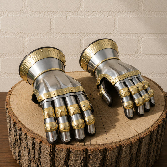 Medieval Knight Gauntlets – Steel Armor Gloves with Brass Accents