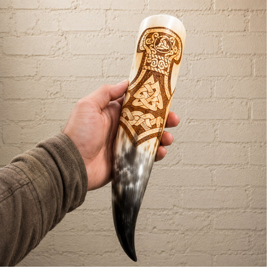 Handcrafted Viking Drinking Horn – Valknut & Celtic Knotwork Natural Horn