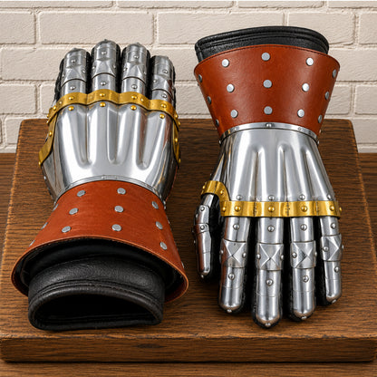 Wisby Style Medieval Gauntlets – Large Size 16 Gauge Mild Steel with Leather Gloves