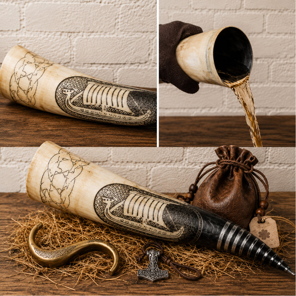 Handcrafted Viking Drinking Horn with Intricate Norse Engravings