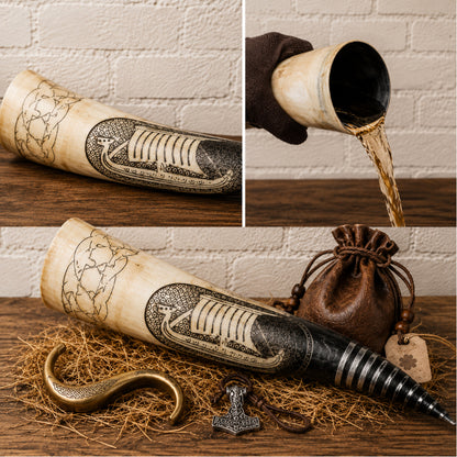 Handcrafted Viking Drinking Horn with Intricate Norse Engravings