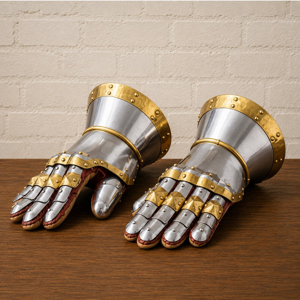 16 Gauge Steel Gauntlets – Knight Armor with Brass Accents for LARP & Cosplay