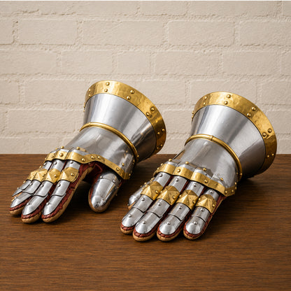 16 Gauge Steel Gauntlets – Knight Armor with Brass Accents for LARP & Cosplay