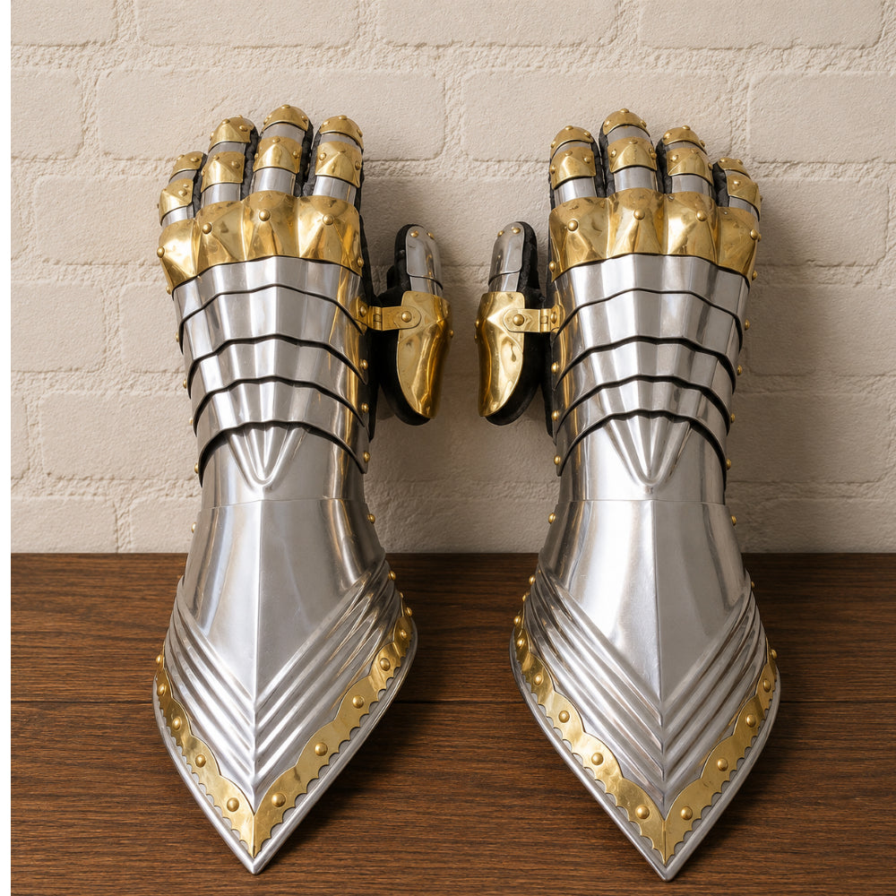 Medieval Steel Gauntlets – 16 Gauge Armor with Brass Accents & Leather Gloves