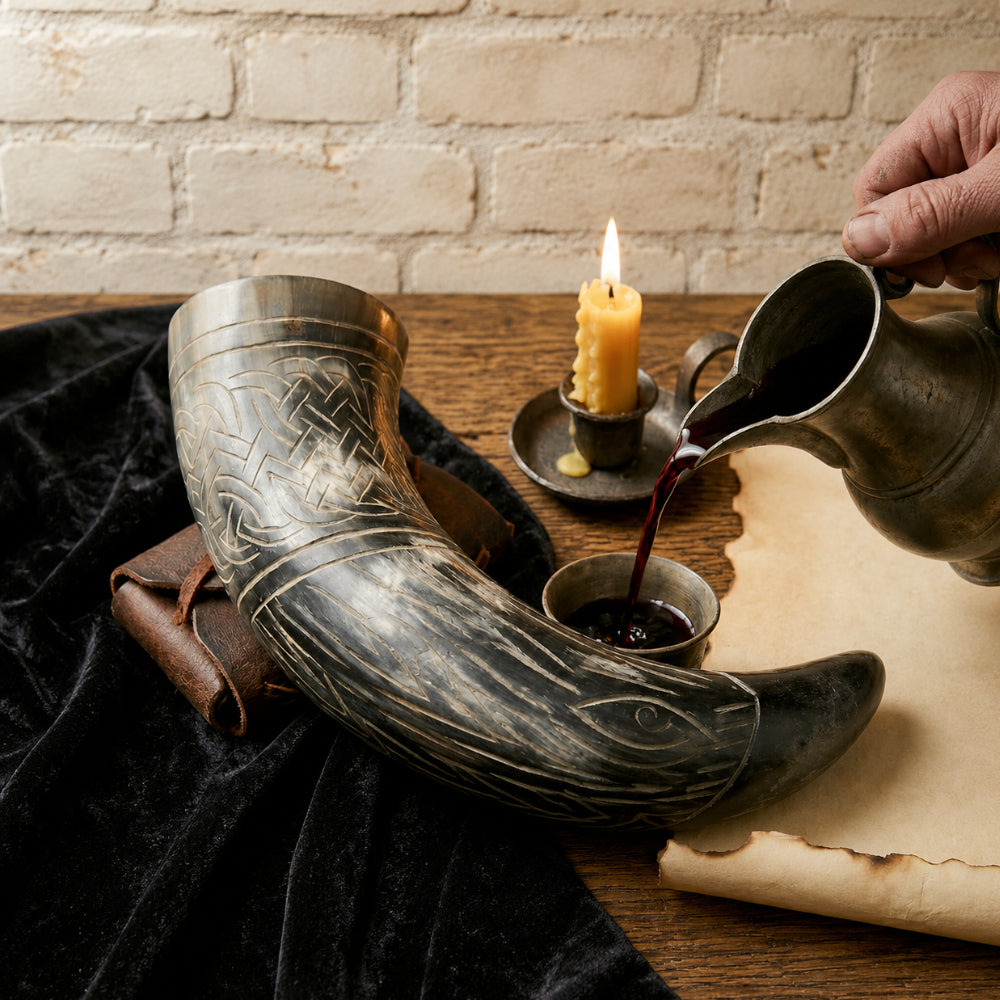 Raven Viking Drinking Horn – Handcrafted Horn with Norse Engravings