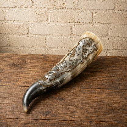 Authentic Viking Dragon Drinking Horn – Handcrafted Celtic Knotwork Mead Horn
