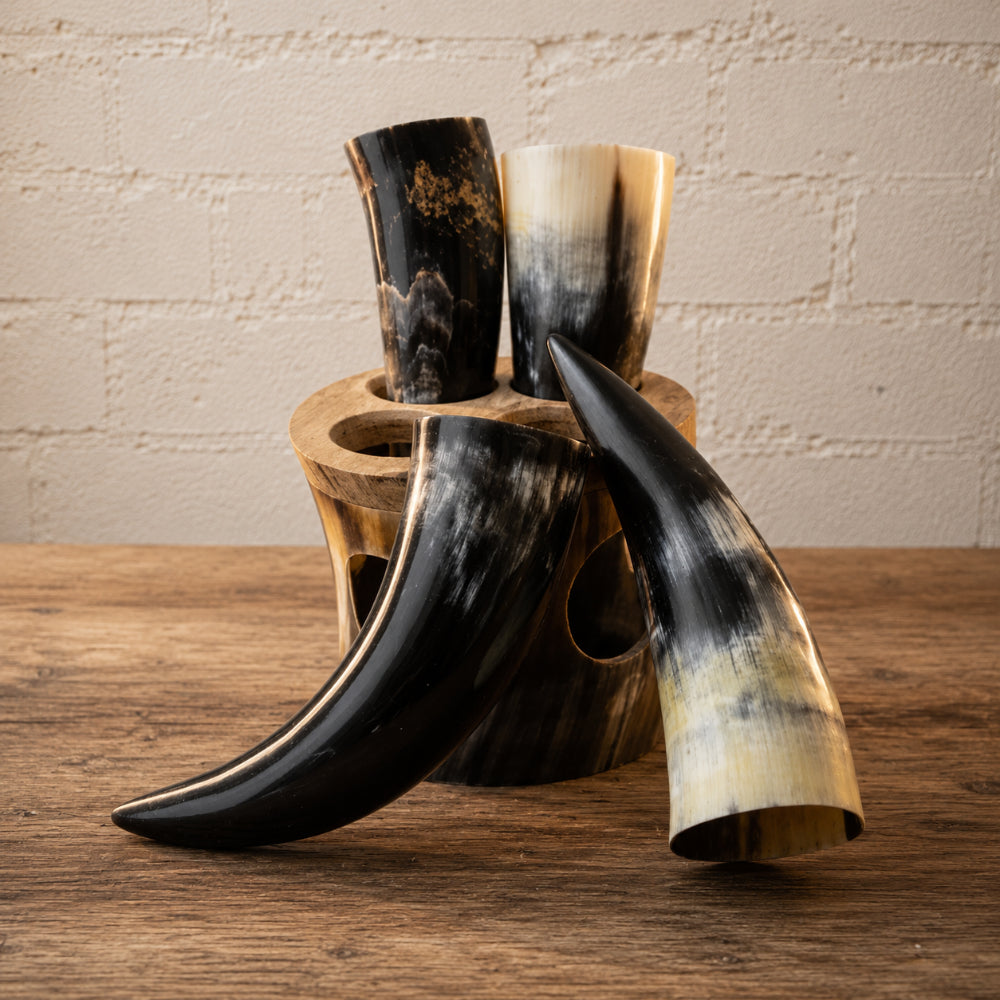 Handcrafted Viking Horn Shot mug Set with Wooden Stand – Rustic Mead Cup Collection