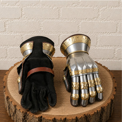 Medieval Knight Gauntlets – Steel Armor Gloves with Brass Accents
