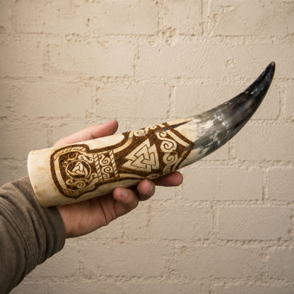 Handcrafted Viking Drinking Horn – Valknut & Celtic Knotwork Natural Horn