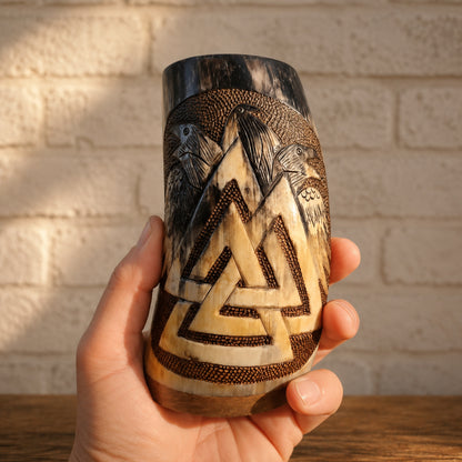 Handcrafted Valknut Raven Drinking Horn – Triple Odin's Ravens Viking Horn Mug
