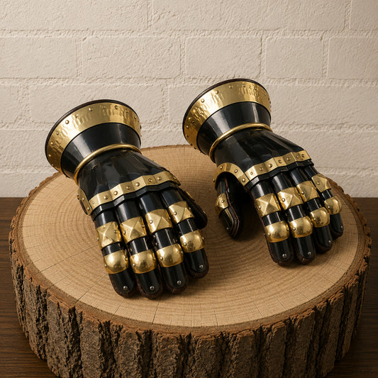 Medieval Knight Gauntlets – Steel Armor Gloves with Brass Accents