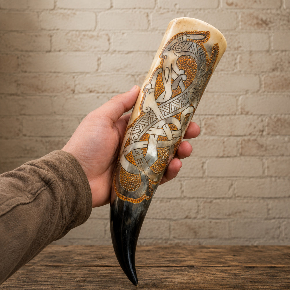 Authentic Viking Dragon Drinking Horn – Handcrafted Celtic Knotwork Mead Horn
