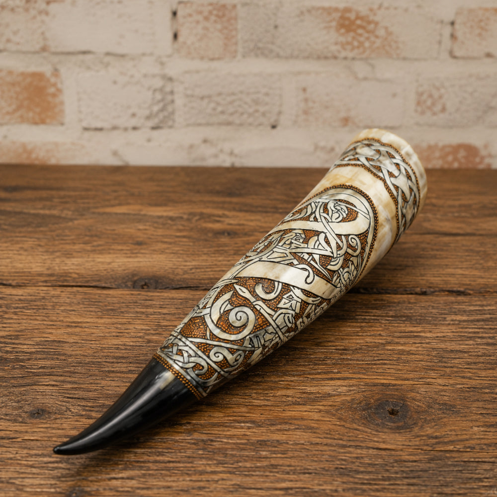 Handcrafted Celtic Viking Drinking Horn – Engraved Natural Horn Mug