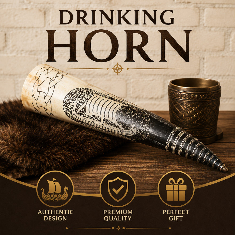 Handcrafted Viking Drinking Horn with Intricate Norse Engravings