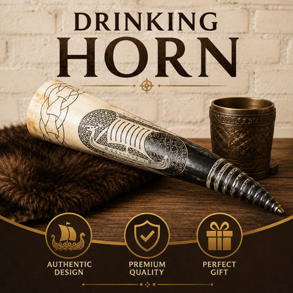 Handcrafted Viking Drinking Horn with Intricate Norse Engravings