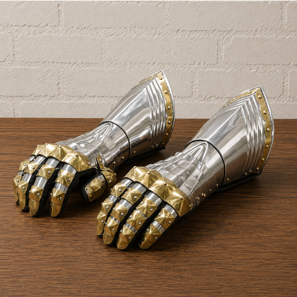 Medieval Steel Gauntlets – 16 Gauge Armor with Brass Accents & Leather Gloves