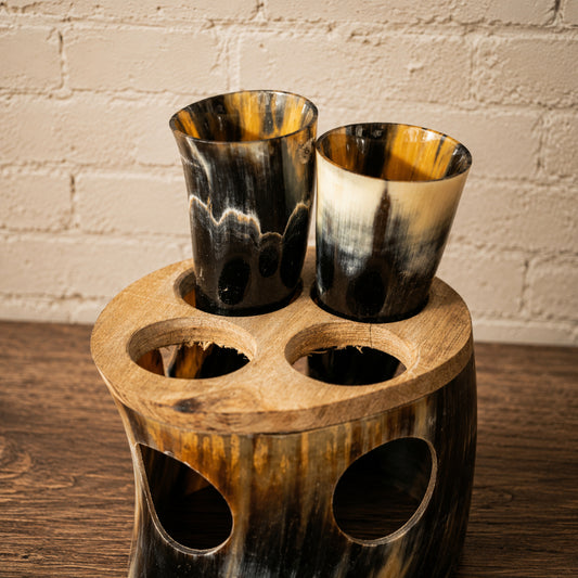 Handcrafted Viking Horn Shot mug Set with Wooden Stand – Rustic Mead Cup Collection