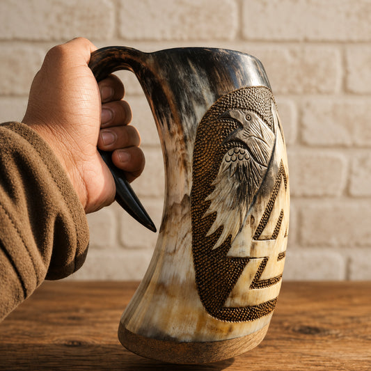 Handcrafted Valknut Raven Drinking Horn – Triple Odin's Ravens Viking Horn Mug
