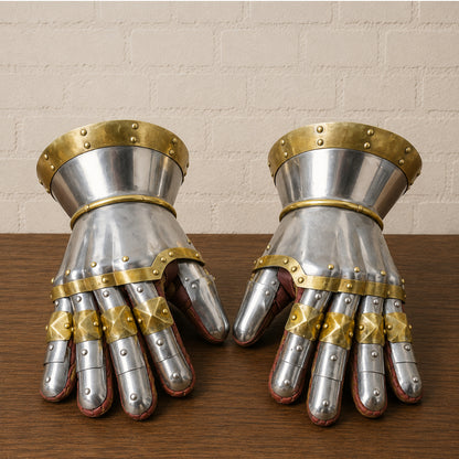 16 Gauge Steel Gauntlets – Knight Armor with Brass Accents for LARP & Cosplay