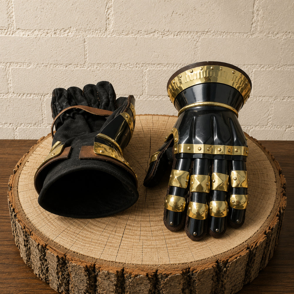Medieval Knight Gauntlets – Steel Armor Gloves with Brass Accents