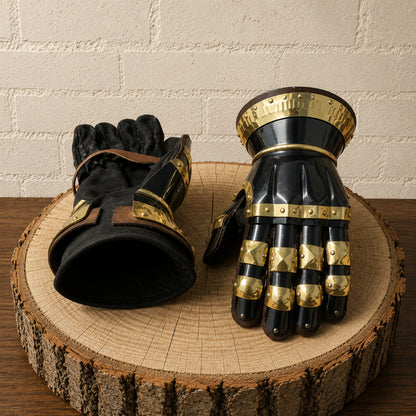 Medieval Knight Gauntlets – Steel Armor Gloves with Brass Accents