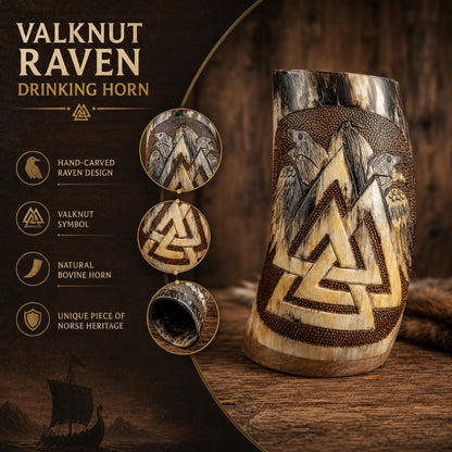 Handcrafted Valknut Raven Drinking Horn – Triple Odin's Ravens Viking Horn Mug