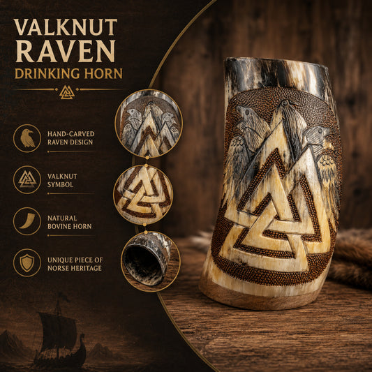 Handcrafted Valknut Raven Drinking Horn – Triple Odin's Ravens Viking Horn Mug
