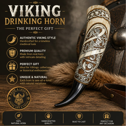 Handcrafted Celtic Viking Drinking Horn – Engraved Natural Horn Mug