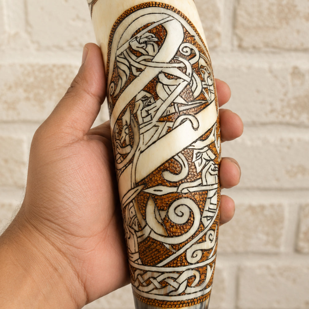 Handcrafted Celtic Viking Drinking Horn – Engraved Natural Horn Mug