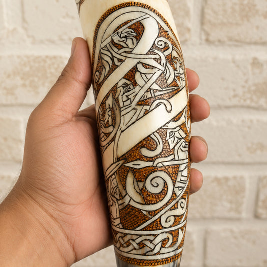 Handcrafted Celtic Viking Drinking Horn – Engraved Natural Horn Mug