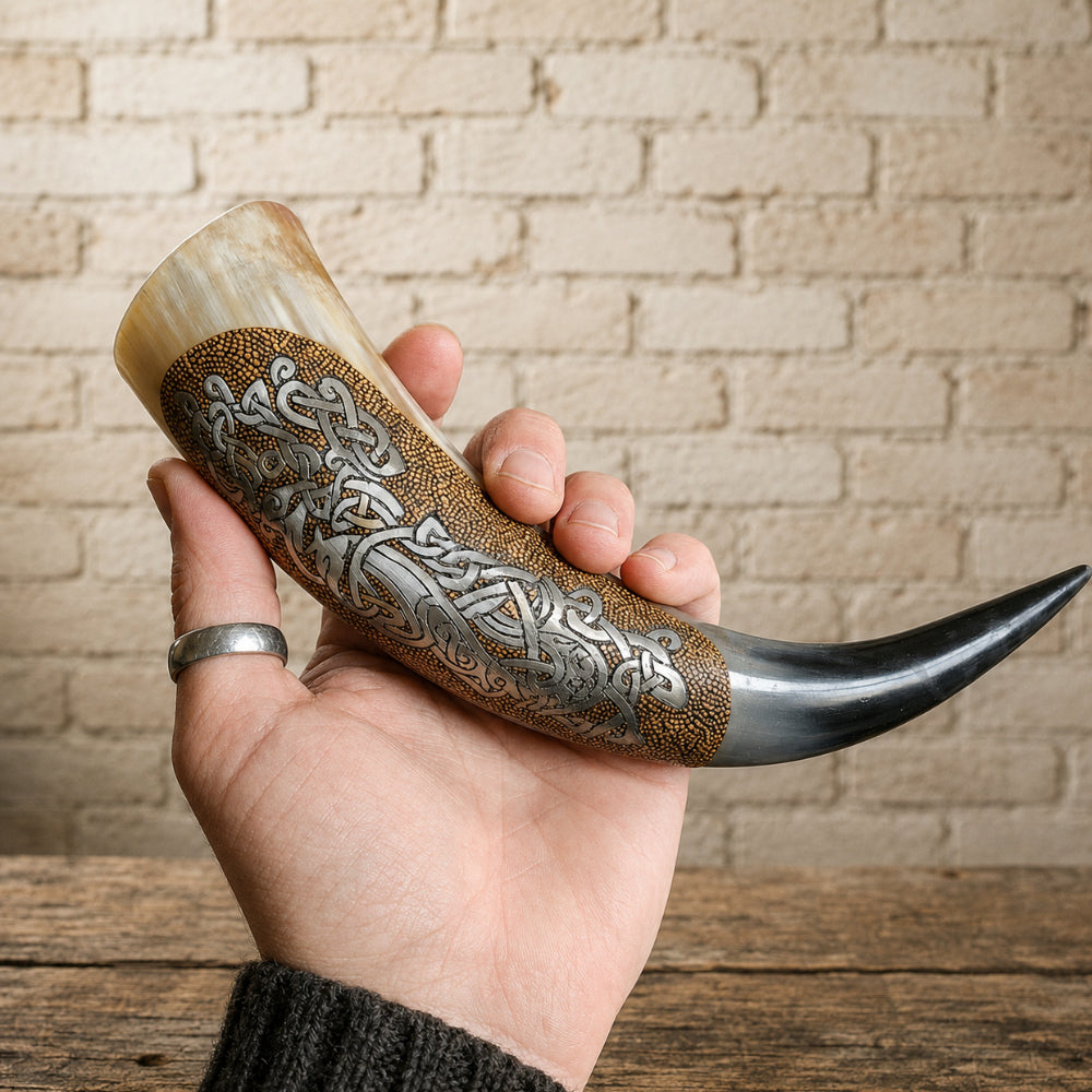 Authentic Viking Wolf Horn  – Hand-Engraved Celtic Knot Design
