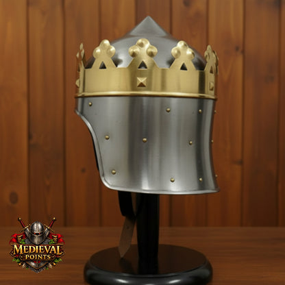 Medieval King Arthur Helmet : Richard Lion heart Crown Replica Helmet  Wooden Stand