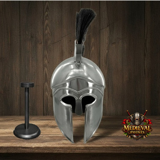 Silver Corinthian Helmet : Warrior Medieval Helmet with Wooden Stand