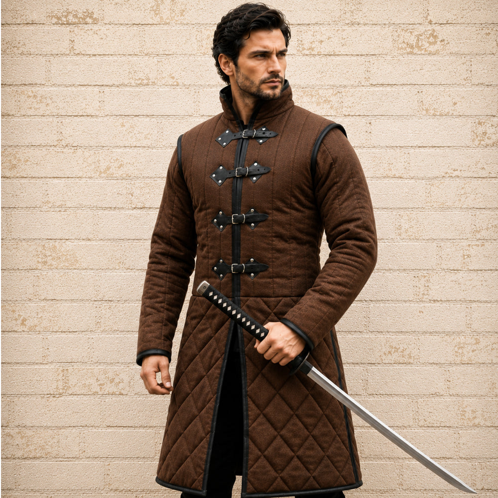 Medieval Long Gambeson with Black Leather Trim | Renaissance Faire, LARP & Halloween Costume
