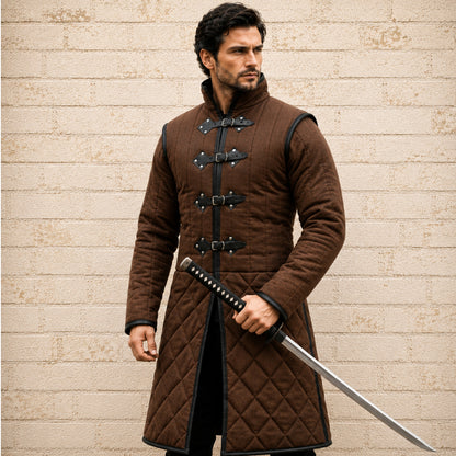 Medieval Long Gambeson with Black Leather Trim | Renaissance Faire, LARP & Halloween Costume