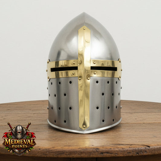 New Suger-loaf Helmet with wooden stand , Silver Crusader Helmet