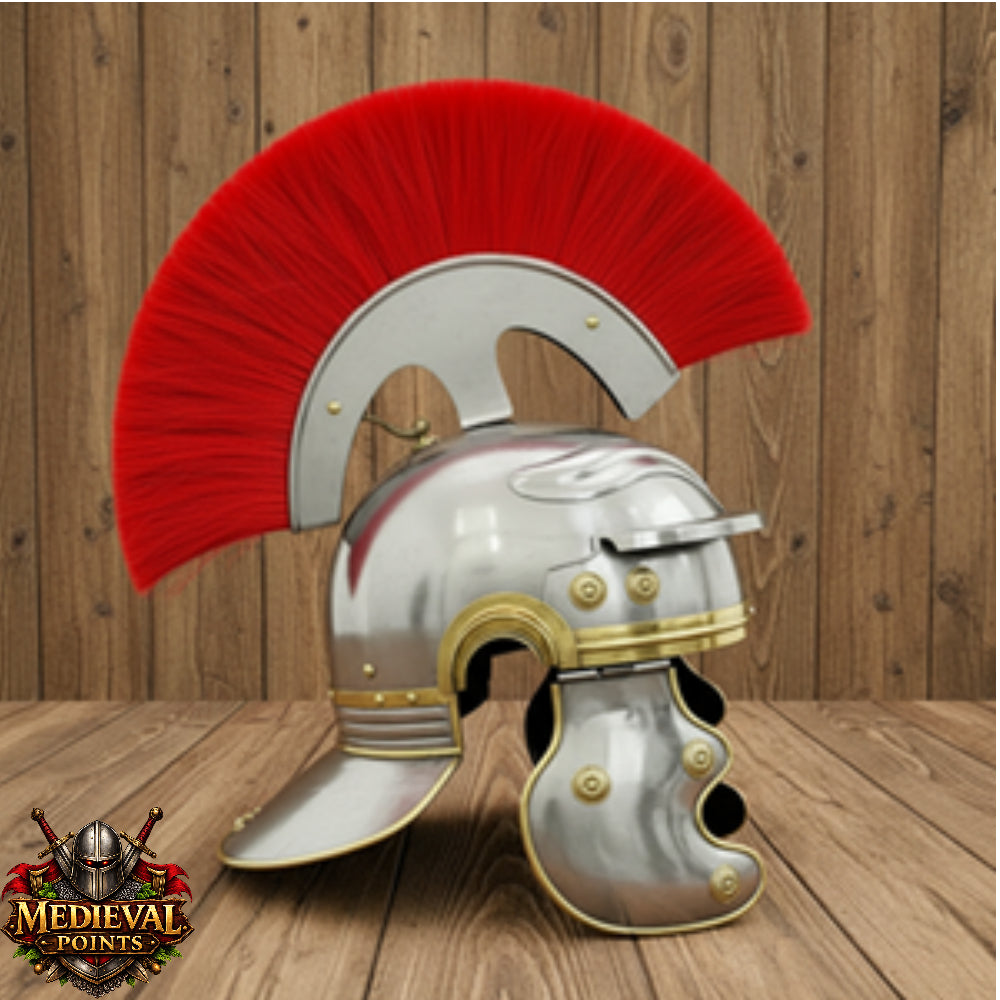 Roman Centurion Helmet : Roman Helmet with Red Plume-  Display Wooden Stand