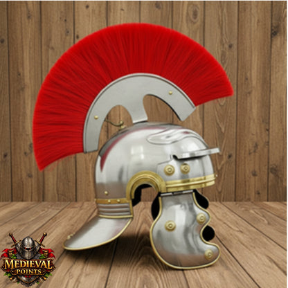 Roman Centurion Helmet : Roman Helmet with Red Plume-  Display Wooden Stand