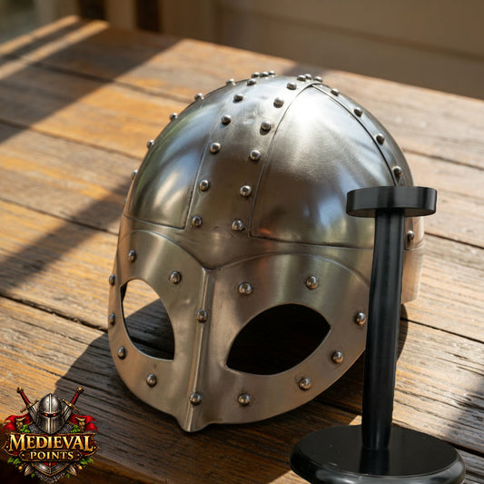 Viking Helmet: Gjermundbu Helmet , Warrior Costume wooden stand - LARP, SCA Armour