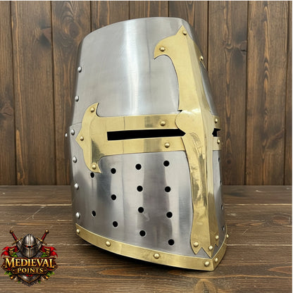 Crusader Helmet Brass Trim – Knights Templar Helmet Practice Armor for Reenactment & Cosplay