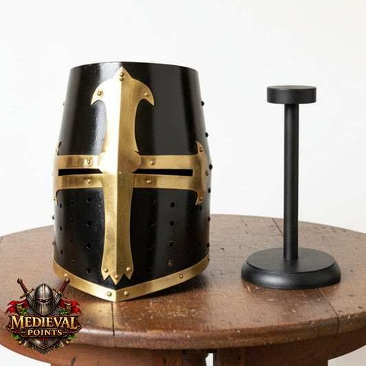 Black Crusader Helmet Brass Trim – Knights Templar Helmet Practice Armor for Reenactment & Cosplay