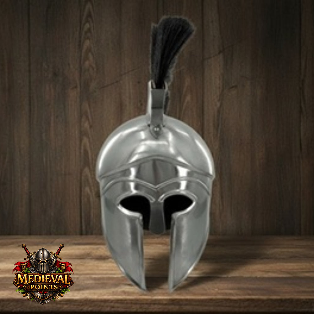 Silver Corinthian Helmet : Warrior Medieval Helmet with Wooden Stand