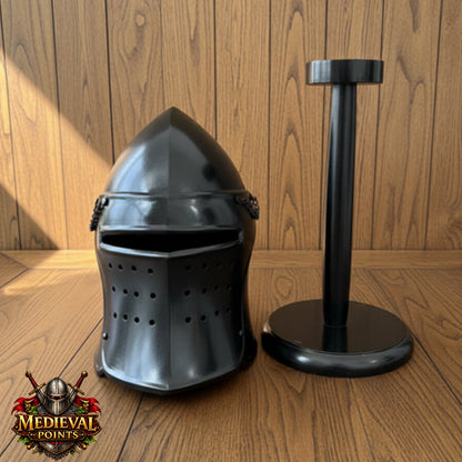Black Barbute Helmet | Barbuta Reenactment Helmet | With Stand For Cosplay And Costumes