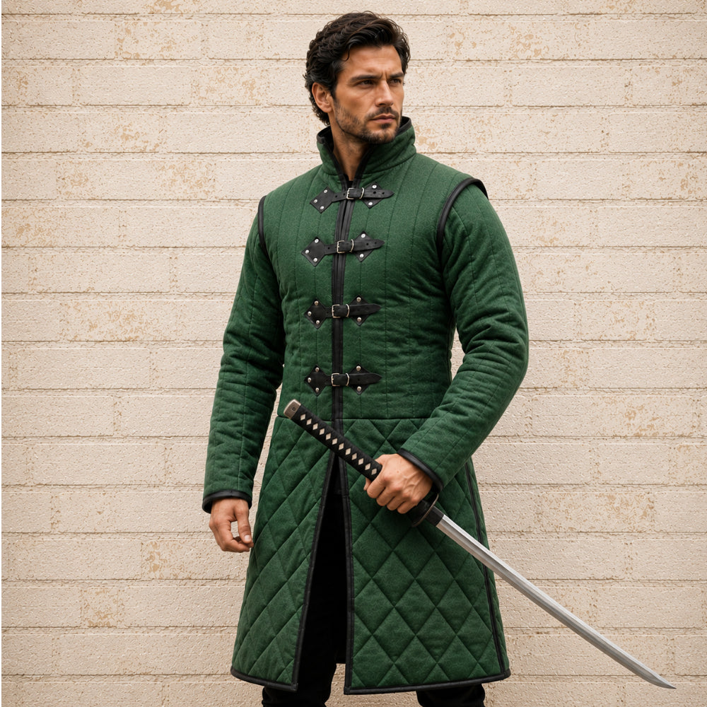 Medieval Long Gambeson with Black Leather Trim | Renaissance Faire, LARP & Halloween Costume