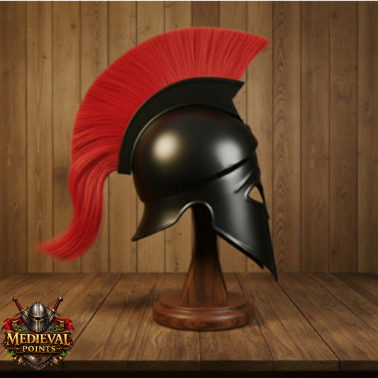 Black Corinthian Helmet : Corinthian Helmet Red Hair  With Wooden Stand