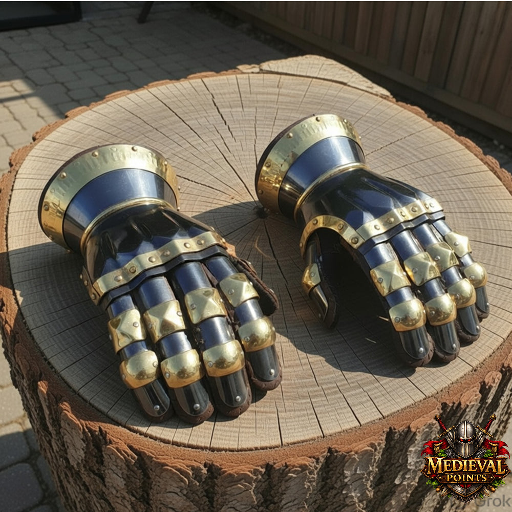 Medieval Knight Gauntlets – Steel Armor Gloves with Brass Accents