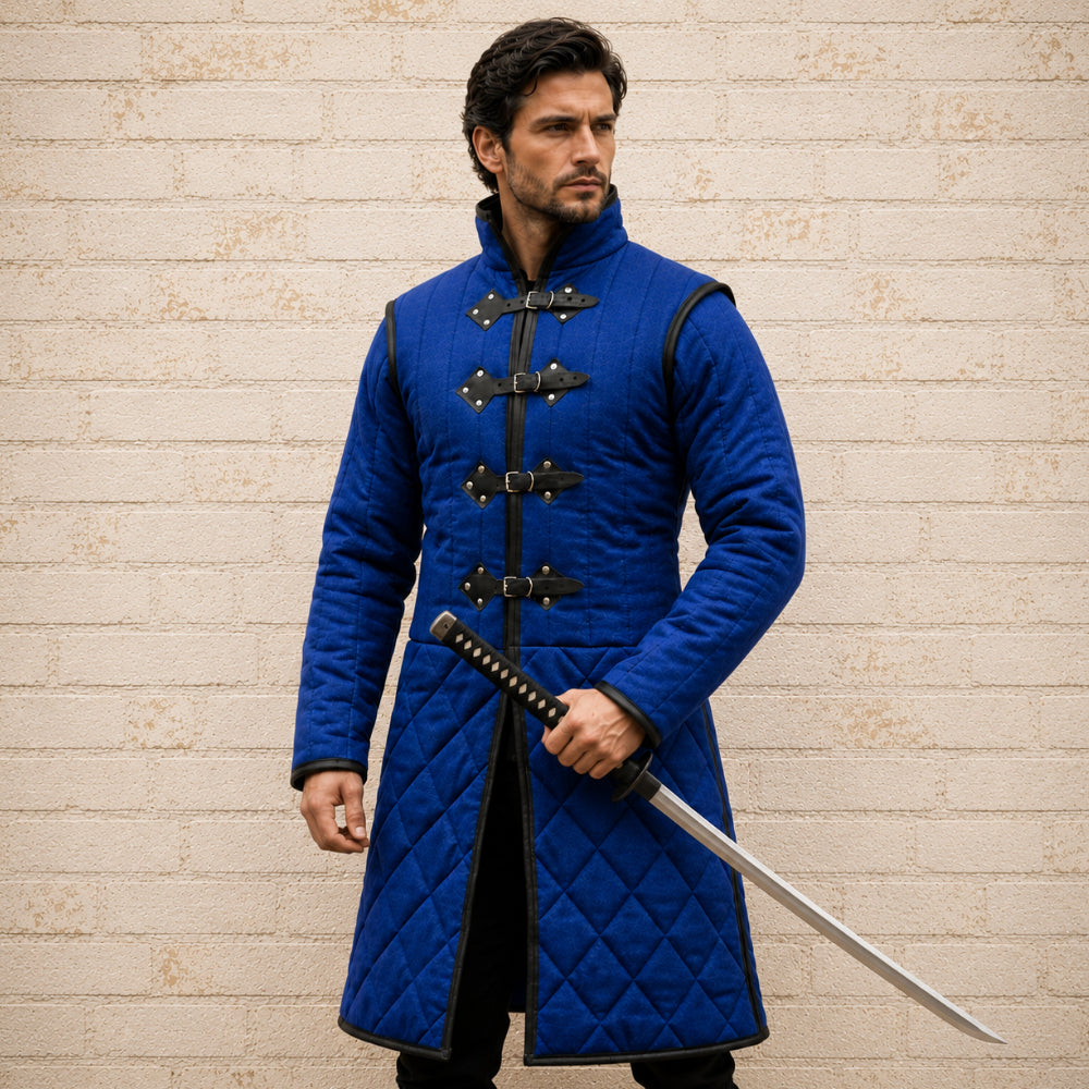Medieval Long Gambeson with Black Leather Trim | Renaissance Faire, LARP & Halloween Costume
